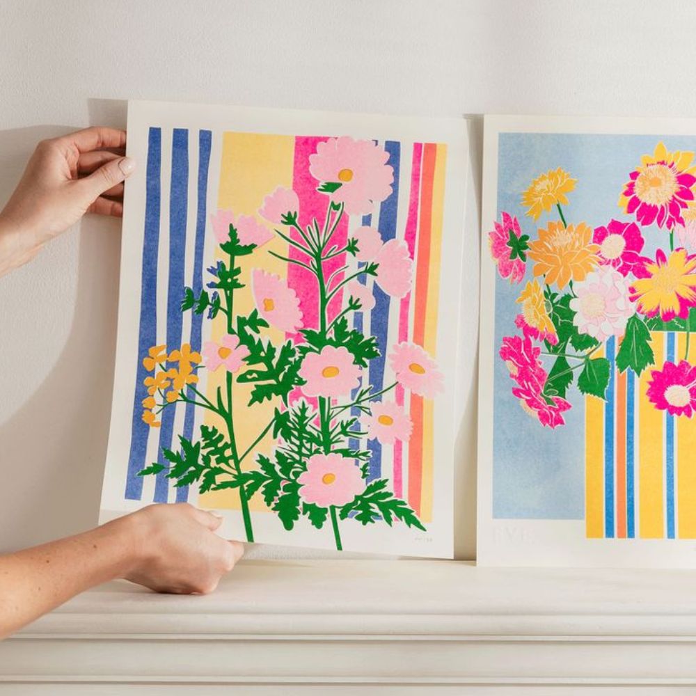Two brightly coloured pastel prints