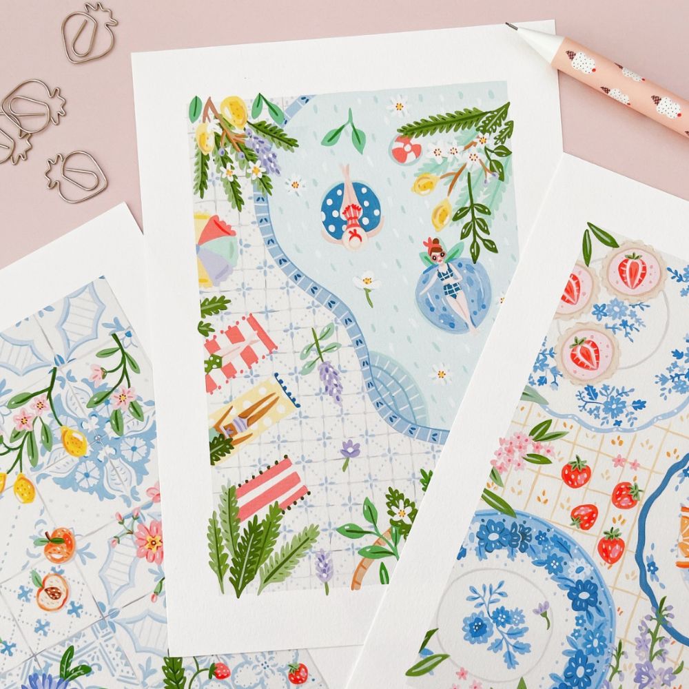 Three brightly coloured pastel prints