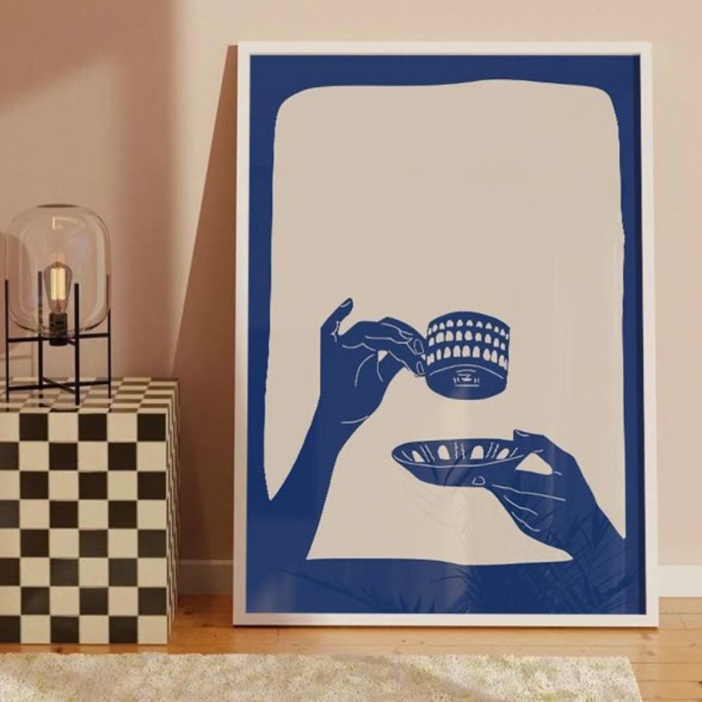 A blue and white poster for a cup of tea 