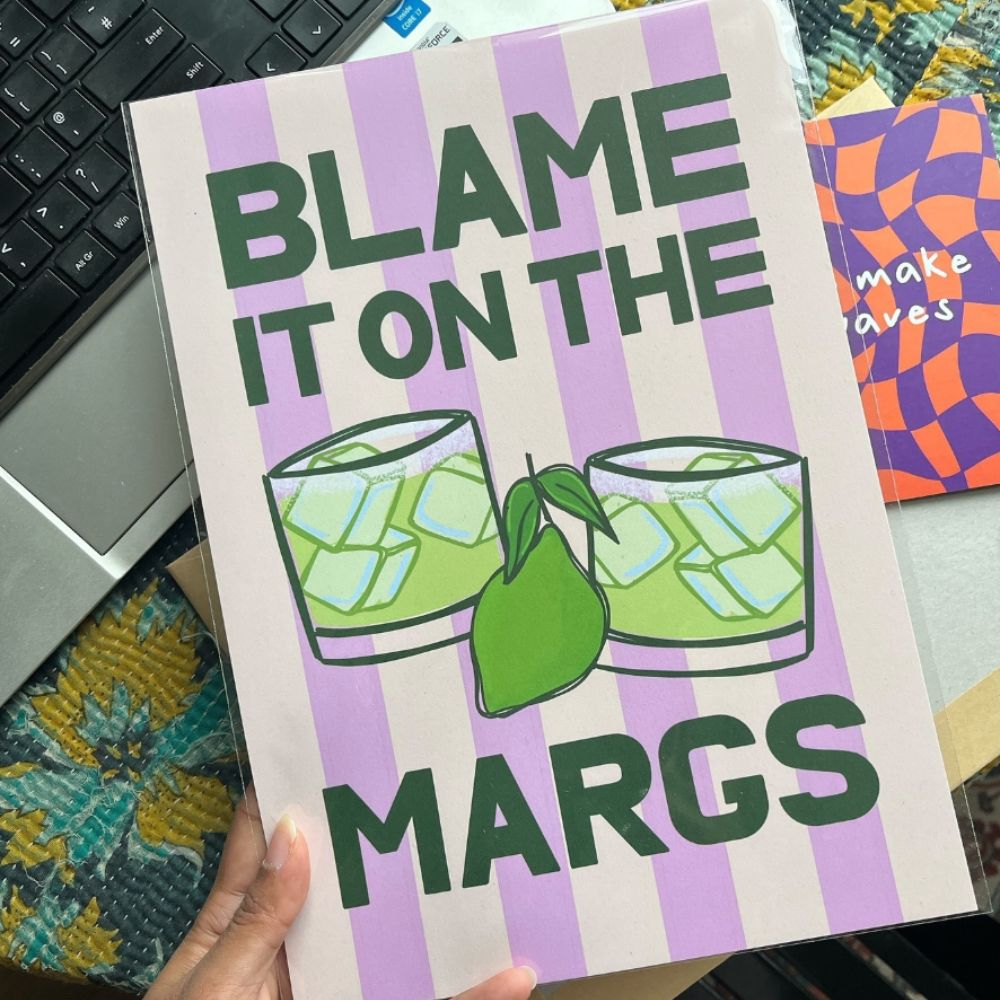 A brightly coloured 'bring on the margs' poster print