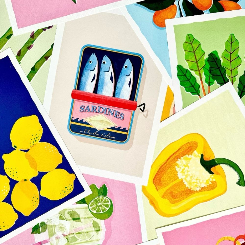 Several brightly coloured food and drink prints