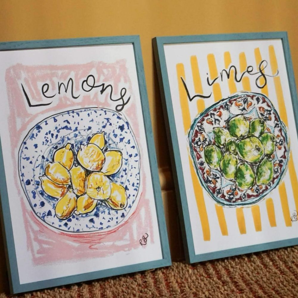 Two brightly coloured sketched prints titled 'lemons' and 'limes' 