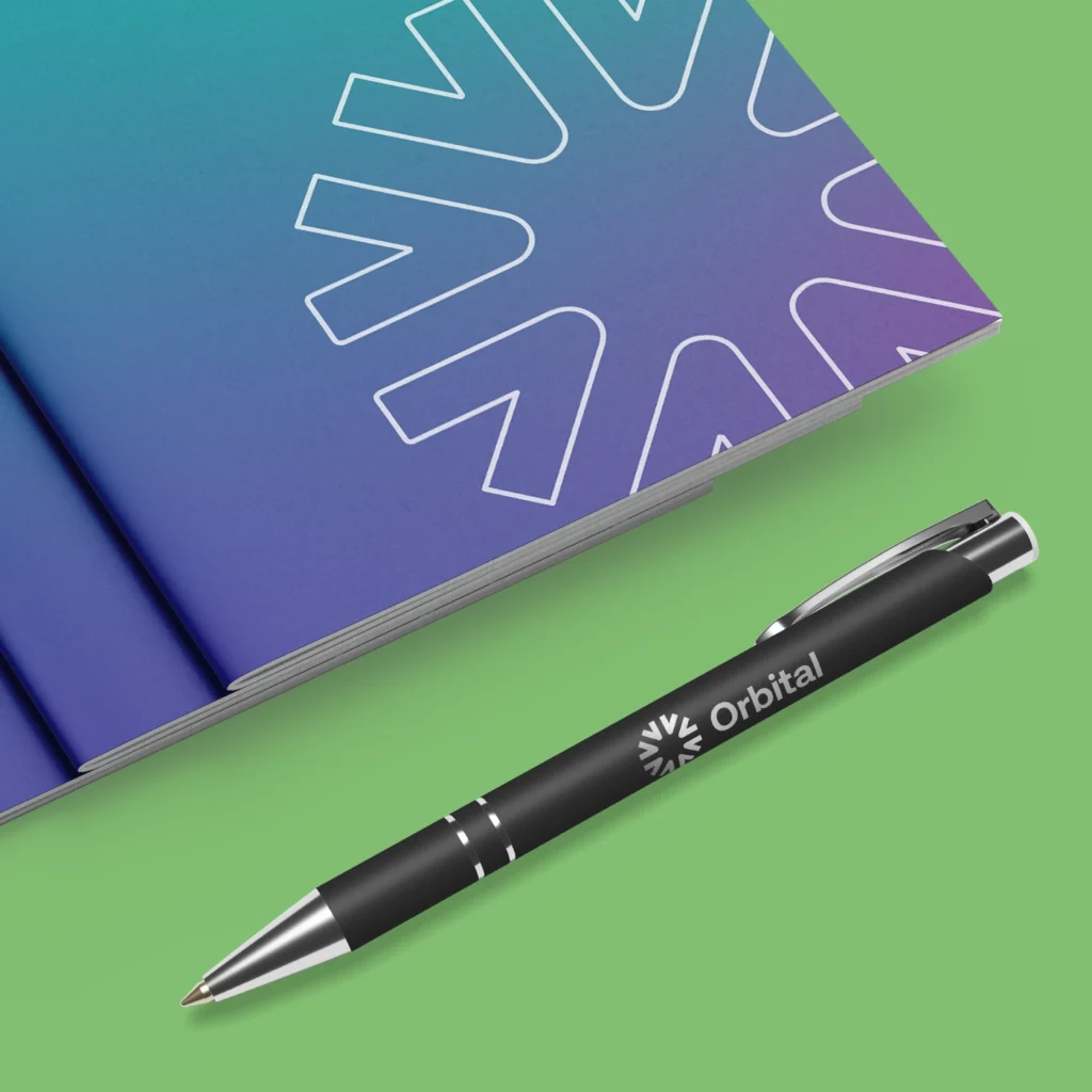 black and silver signature pen with branding 